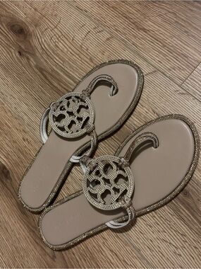 TT nude and gold embellished sandals with logo